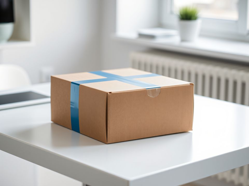 A sealed cardboard box with blue tape on a white table.
