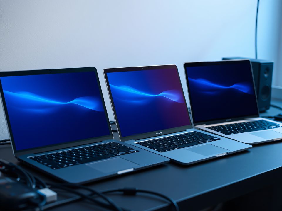 Three laptops open on a setup bench, screens showing progress.