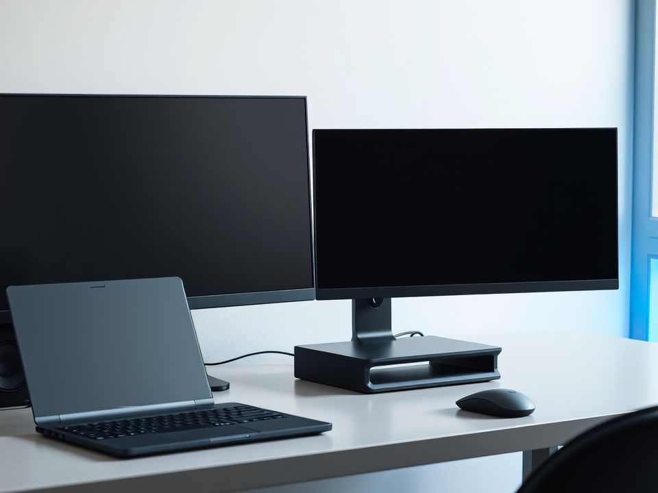 A finished workstation with two monitors and a docked laptop.