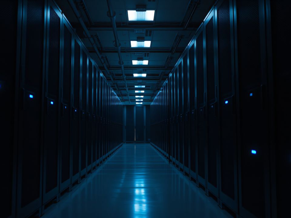 A private-cloud rack aisle lit by blue status lights.