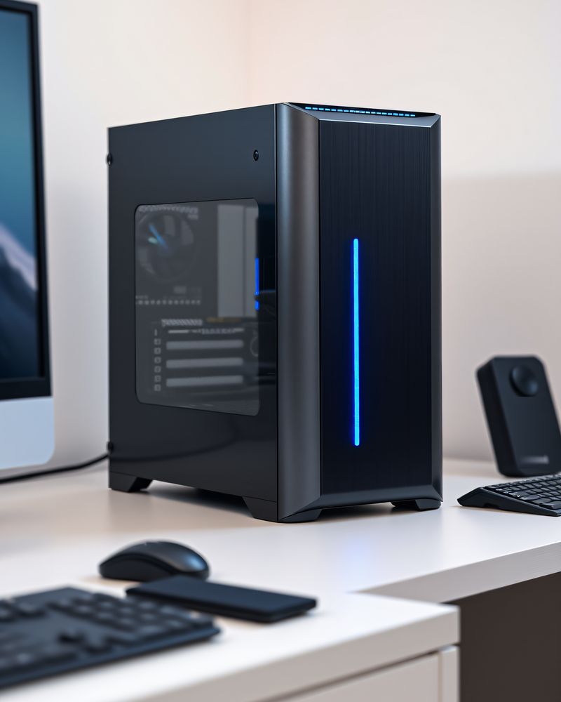 A graphite workstation tower with a thin blue light line beside a monitor.