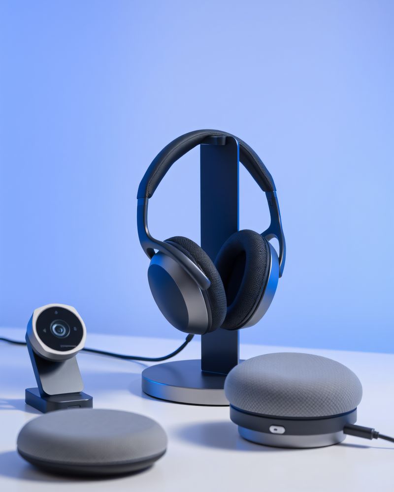 A headset on a stand beside a webcam and two fabric speakerphones.