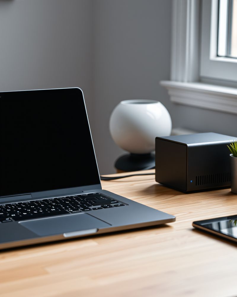 A laptop and a small desktop computer on a wooden desk by a window.