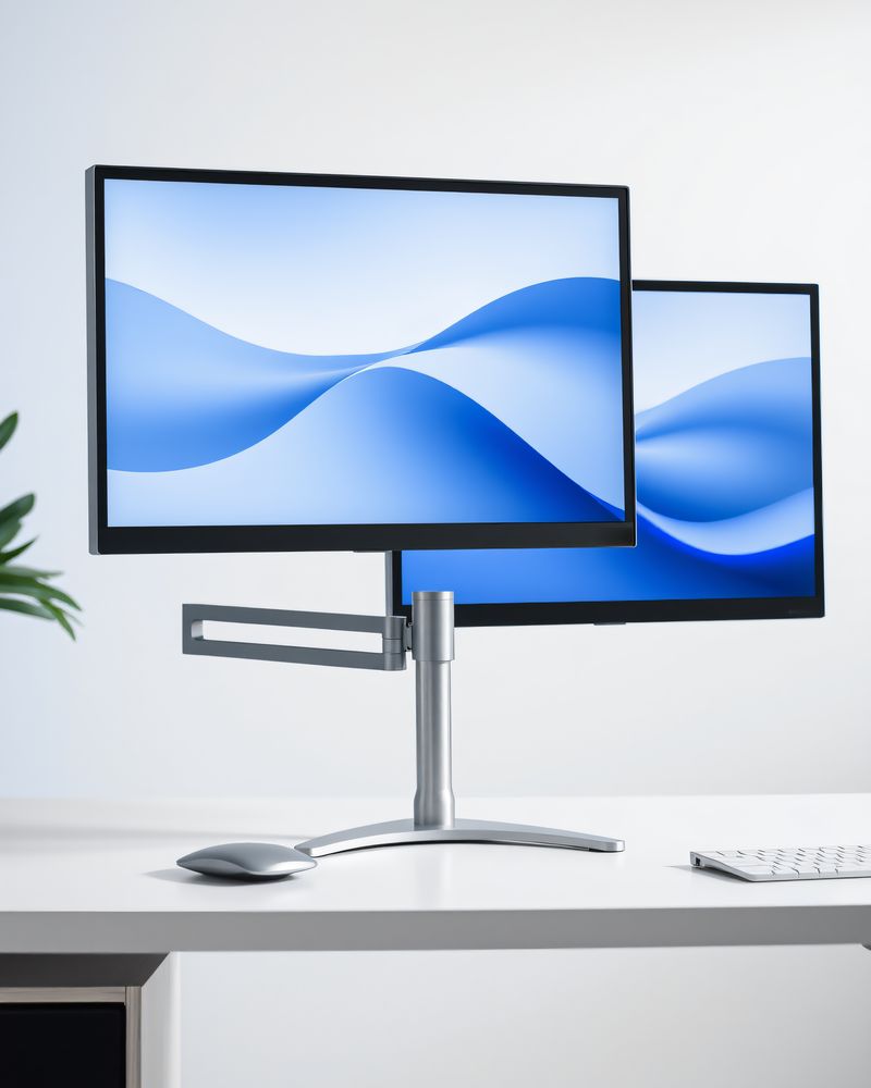 Two monitors on a single monitor arm above a clean desk.
