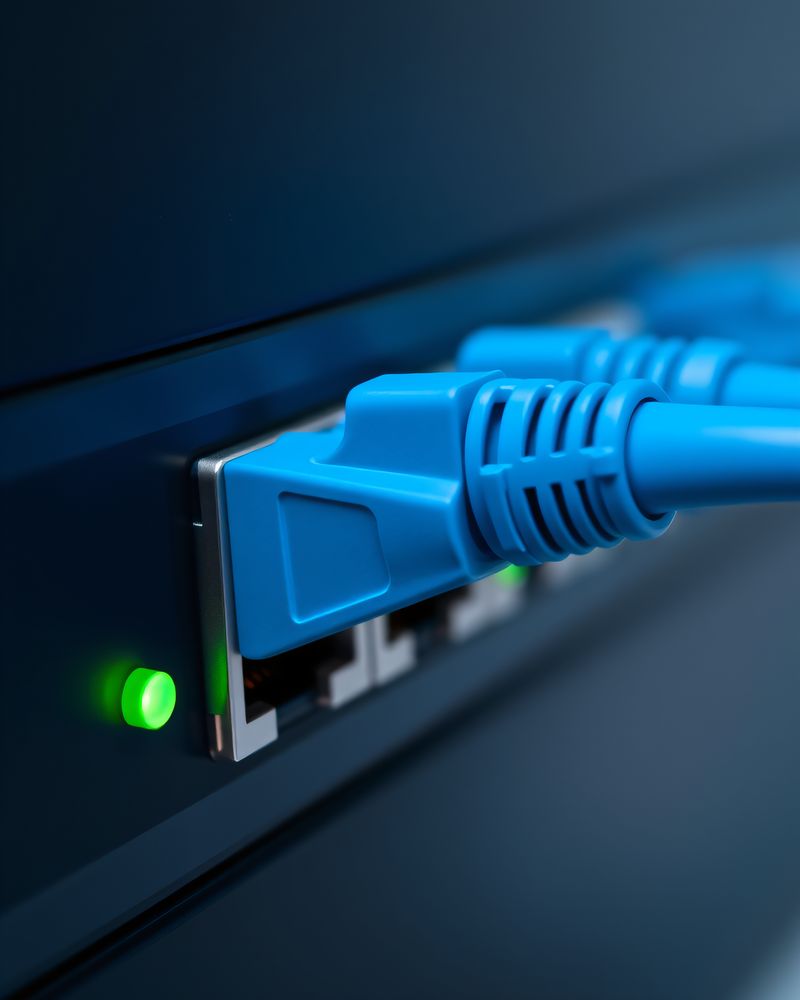 A blue network cable seated in a switch port beside a green link light.