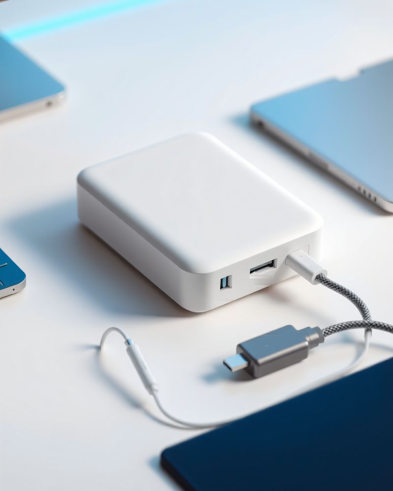 A charging brick with a braided cable and an adapter on a light desk.