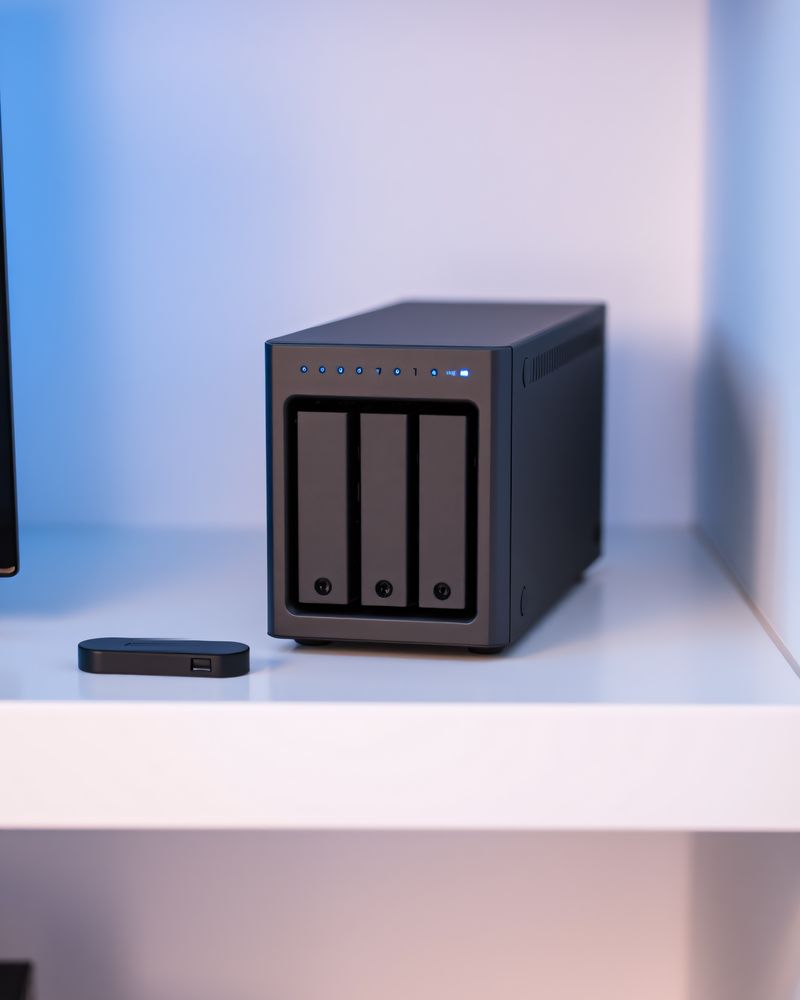 A three-bay network storage unit and a small drive on a white shelf.