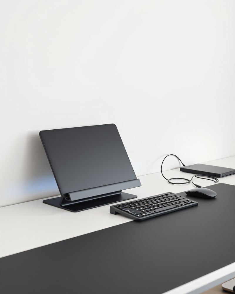 A laptop on a riser beside a docking station, keyboard and mouse on a white desk.